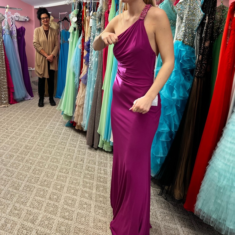 Sherri Hill One Shoulder Purple Pleated Gown